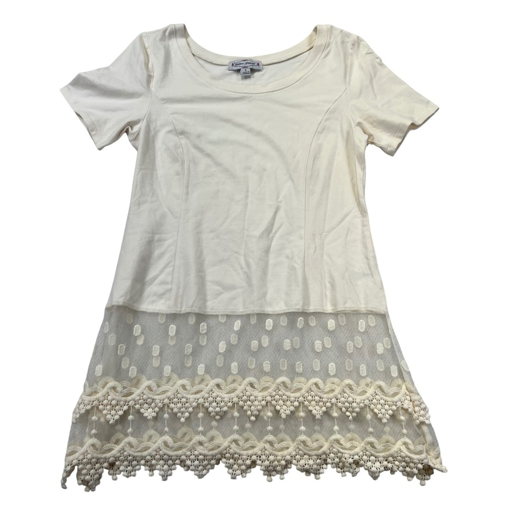 Kathleen‎ Kirkwood Lace Hem Top Womens S Cream Short Sleeve Crochet Mesh Stretch